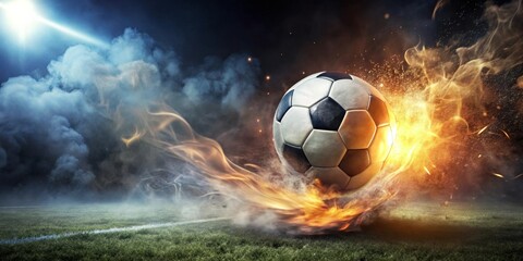 Fototapeta premium Fiery Soccer Ball Exploding onto the Field in a Dramatic Night Game Scene
