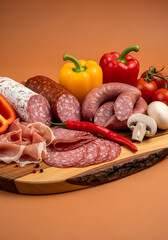 Gourmet cold cuts and sausages with vegetables on a wooden cutting board