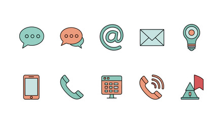 A collection of ten communication icons including speech bubbles, email symbol, envelope, lightbulb, smartphone, telephone handset, calendar, and a flag.