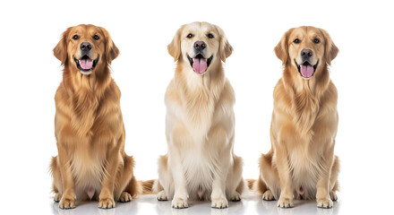 Three Golden Retrievers Sitting Side by Side on a White Background Exhibiting Different Shades of Golden Fur and