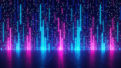 Vibrant neon grid backdrop with pink and blue lights creates a futuristic and energetic atmosphere, perfect for technology or entertainment projects