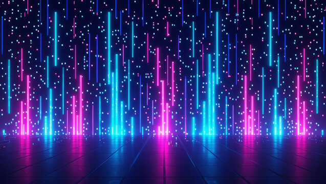 Vibrant neon grid backdrop with pink and blue lights creates a futuristic and energetic atmosphere, perfect for technology or entertainment projects