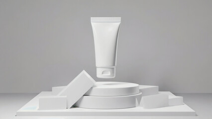 Obraz premium 3D loop of branded lotion tube hovering over a modern geometric platform illustration. Ai generated.