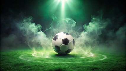 A Lone Soccer Ball Under Stadium Lights Amidst Enveloping Fog, Centered on the Field