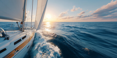 Obraz premium A sailboat navigating the ocean with the sun setting in the background. The image captures a sense of adventure and freedom