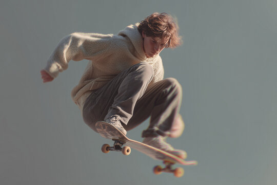 A person performing a skateboarding trick mid-air against a clear sky