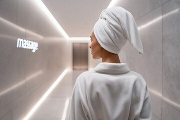 A serene moment in a spa setting, A woman with a towel wrapped around her head is standing in front of a massage sign. The setting exudes an ambiance of relaxation and tranquility