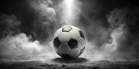 Fototapeta premium A Dramatic Monochrome Image of a Soccer Ball Resting on a Smoky, Dusty Surface, Illuminated by a Single Light Source