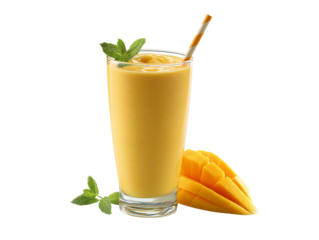 A refreshing mango smoothie with fresh mango slice and mint leaves, offering a tantalizing taste of tropical bliss.