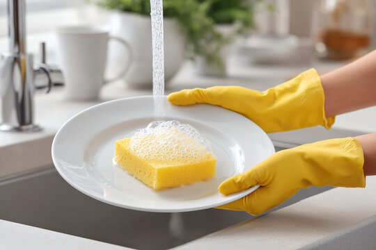 Hands washing dishes in a kitchen sink. The hands are wearing yellow gloves and washing a plate with a sponge