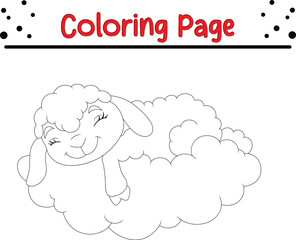 Cute sheep sleeping coloring book page for kids. Farm animal black and white outline