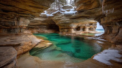 Turquoise water pool nestled within a rocky cave.