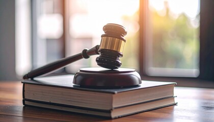 Gavel resting on legal books symbolizing justice, law, and order. Ideal for legal themes, courtroom scenes, and International Day of Democracy concepts.