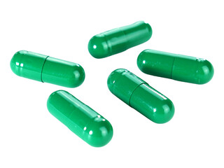 Bulk green capsule pills isolated on white background.