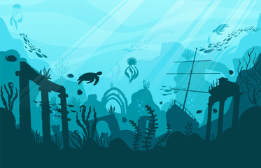 Underwater vector scene with shipwreck, ruins, sea turtle, jellyfish, and coral reef. Ideal for marine backgrounds, ocean exploration, and diving themed designs.