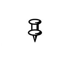 A simple black and white drawing of a pushpin on a white background icon