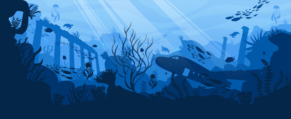 Underwater world silhouette with fish, ruins, plane wreck, and sea creatures. Ideal for backgrounds, marine themes, and scuba diving illustrations.