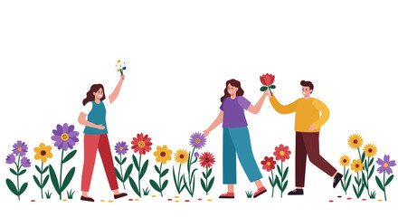 Fototapeta premium Three People Enjoying Flowers in a Garden Illustration.
