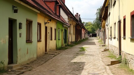 Obraz premium Cobblestone lane with colorful houses. Quaint street scene, showing aged buildings with varied pastel facades and worn stone road. Sunny day