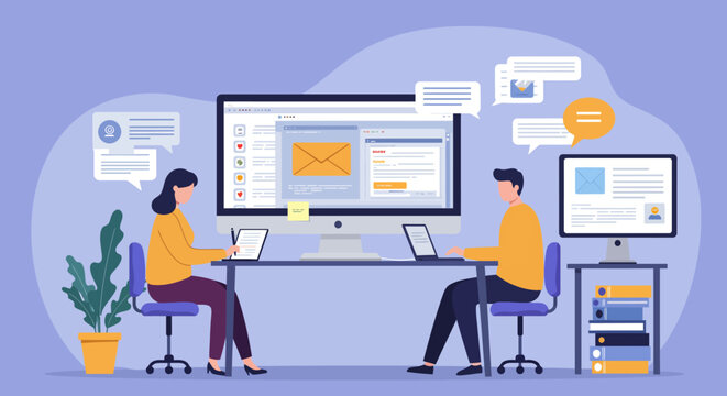 People Working Together at Desks with Computers.