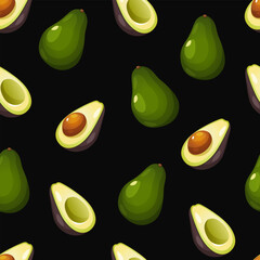 Avocado seamless pattern with half avocado and whole avocado isolated on dark grey background.