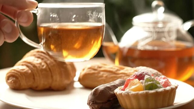 A clear cup of tea held over a plate with a croissant eclair chocolate eclair and a fruit tart with a teapot in the background