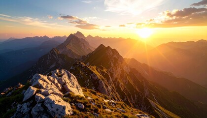 Breathtaking sunset view over mountain peaks with a colorful sky. Nature, adventure, and peaceful landscape