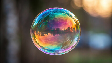A vibrant soap bubble floating against a blurred natural background, reflecting colorful light and trees.