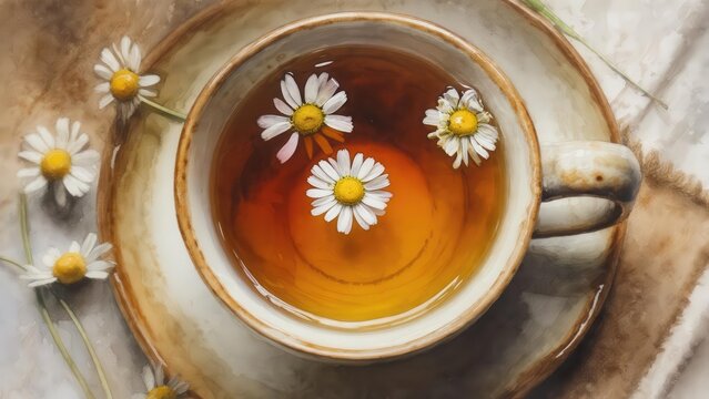 A warm cup of chamomile tea with fresh chamomile flowers floating inside, set on a rustic wooden surface. Concept of coziness and relaxation