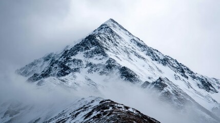 Snowy Mountain Peak in Foggy Winter Landscape