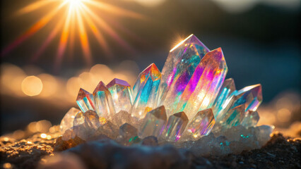 Vibrant, multicolored crystal cluster glistens in warm sunlight with a glowing sunburst effect in the blurred background.
