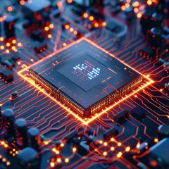 Fototapeta premium A green electronic circuit board, or motherboard, with a processor and other macro components, showcasing advanced computer hardware and digital technology