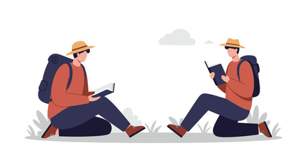 Two Hikers Reading Books Outdoors Relaxing and Learning.