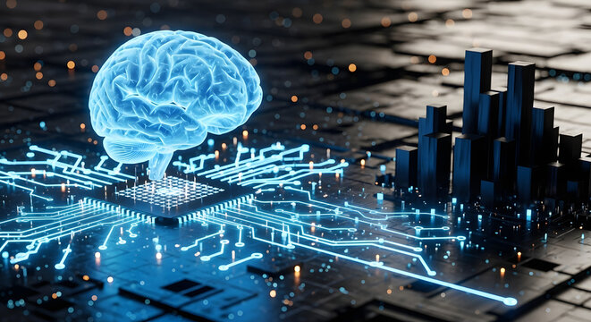Glowing digital brain superimposed on a computer chip with data streams and abstract cityscape.