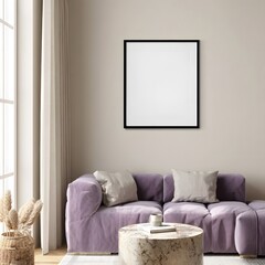 Cozy and inviting living room interior with a plush lavender sofa textured pillows a modern coffee table and a blank framed picture on a neutral wall bathed in natural light from a large window