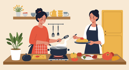 Two Women Cooking Together in a Kitchen Illustration.
