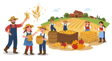Farmers Harvesting Crops on a Sunny Farm Scene.