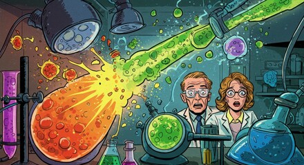Retro comic depiction of two scientists working together and lab experiment gone wrong, glowing chemicals, shocked expressions