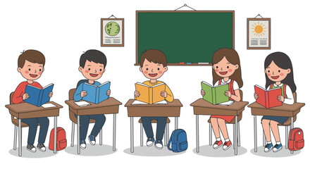 Cartoon Students Reading Books in Classroom Setting.