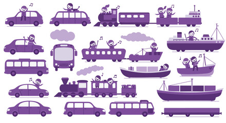 Purple Transportation Vehicles with Cheerful Passengers Singing.