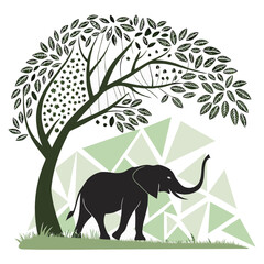 Naklejka premium Elephant Under Tree Silhouette with Artistic Nature Leaves and Geometric Background