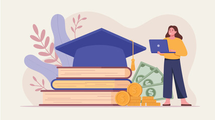 Financial Literacy and Educational Success: Graduation Cap, Books, Coins, Cash, and Student Woman Using Laptop for Learning