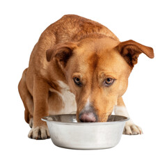 Dog drinking from bowl on transparent background