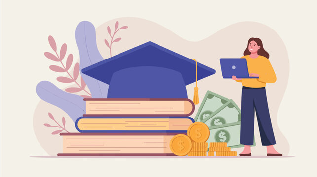 Financial Literacy and Educational Success: Graduation Cap, Books, Coins, Cash, and Student Woman Using Laptop for Learning