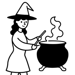 Cartoon witch stirring a magic golden potion in a black cauldron, isolated on white for Halloween