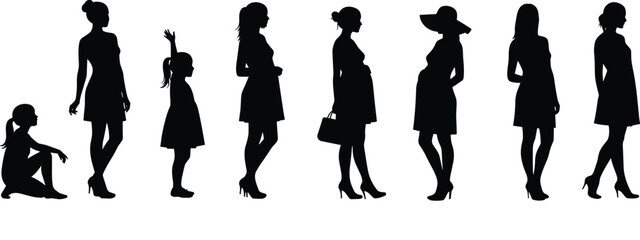Stages of womanhood silhouette collection, depicting growth from childhood to adulthood and pregnancy, representing life's journey, development, and various female forms and experiences.