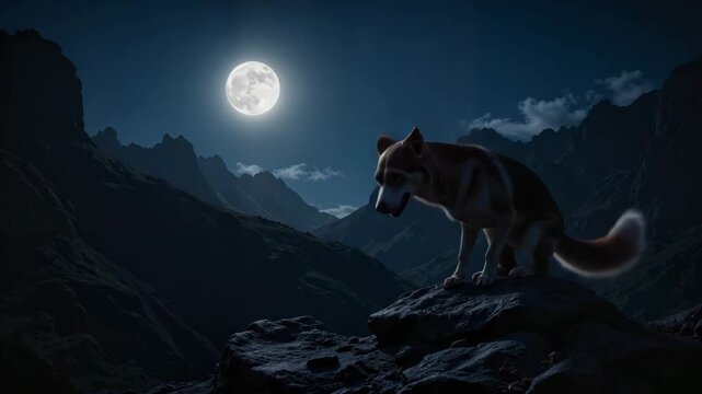 Wolf  standing on rock under full moon in mountainous landscape  