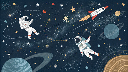 Astronauts and a rocket float among the stars in space
