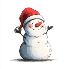 Cheerful snowman wearing Santa hat, smiling with open arms, festive winter character illustration for holiday season