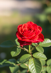 Fototapeta premium Red rose with green leaves is the main focus of the image